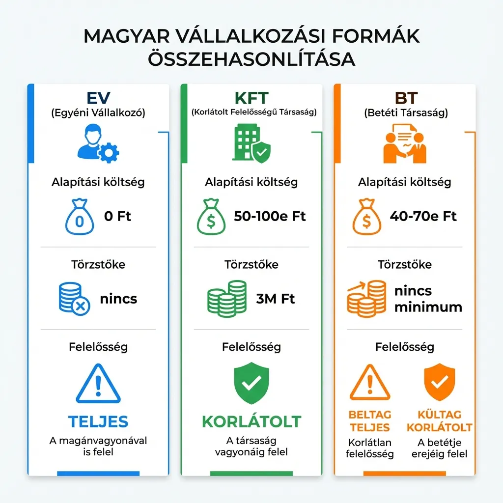 Melyik vállalkozási formát válaszd? Vállalkozási formák összehasonlítása - EV, Kft., Bt.