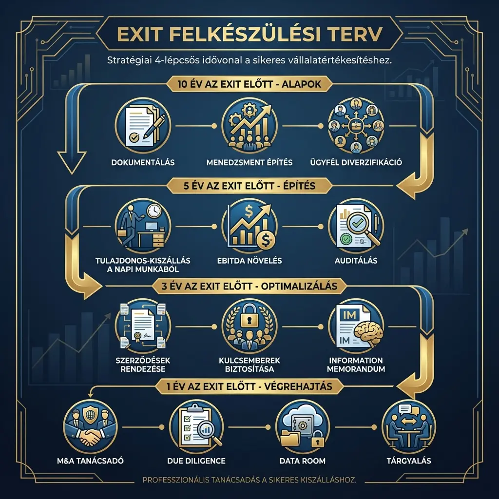 Exit felkészülési terv - 10 évtől a végrehajtásig Exit felkészülési terv infografika