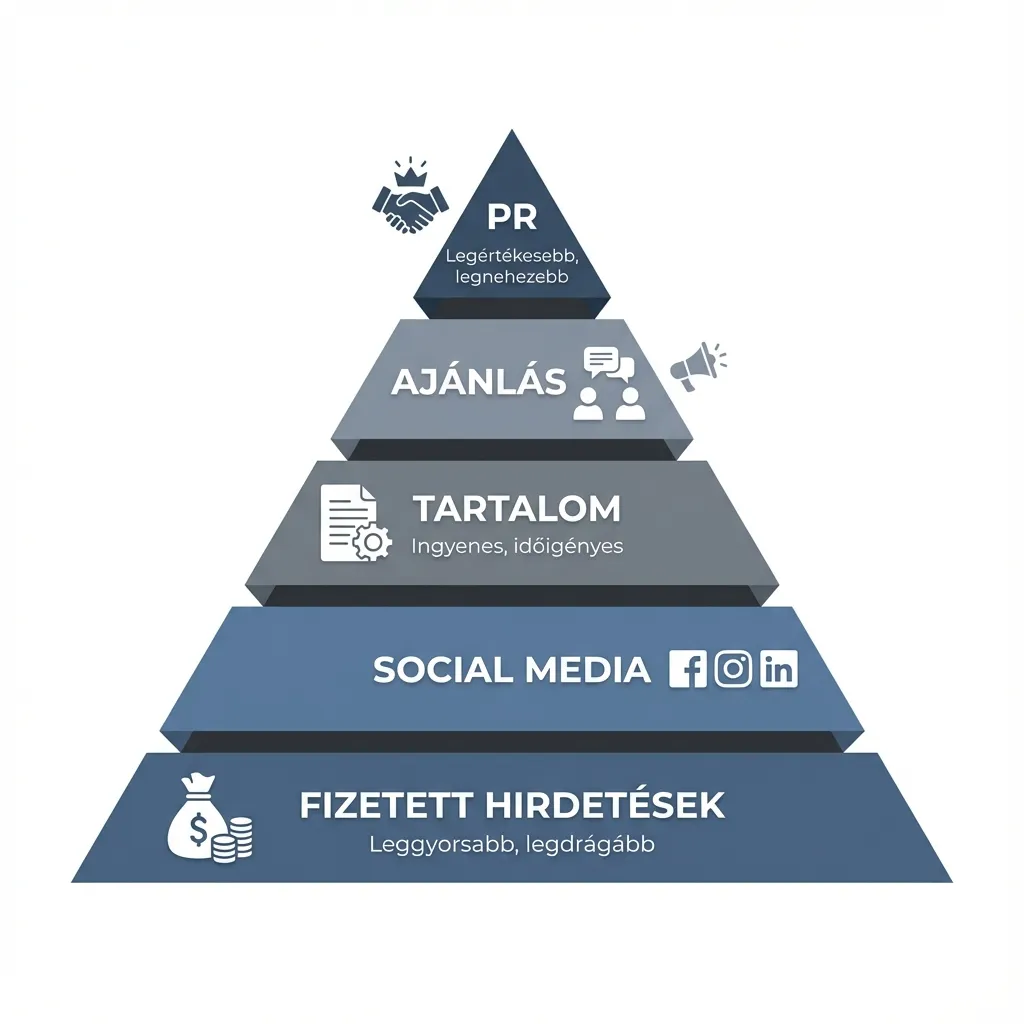 A marketing piramis Marketing piramis - PR, Ajánlás, Tartalom, Social Media, Fizetett hirdetések