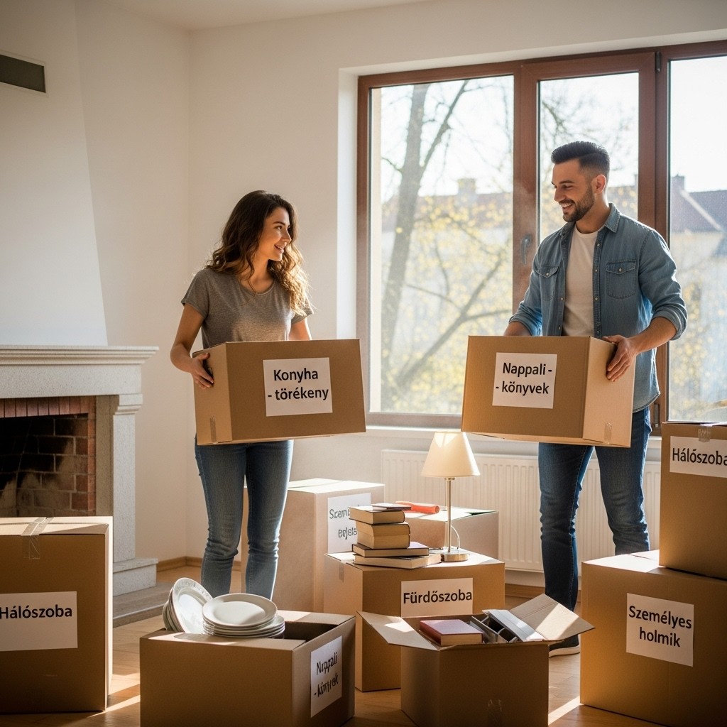 Fiatal pár költözik új otthonába, dobozokkal körülvéve.