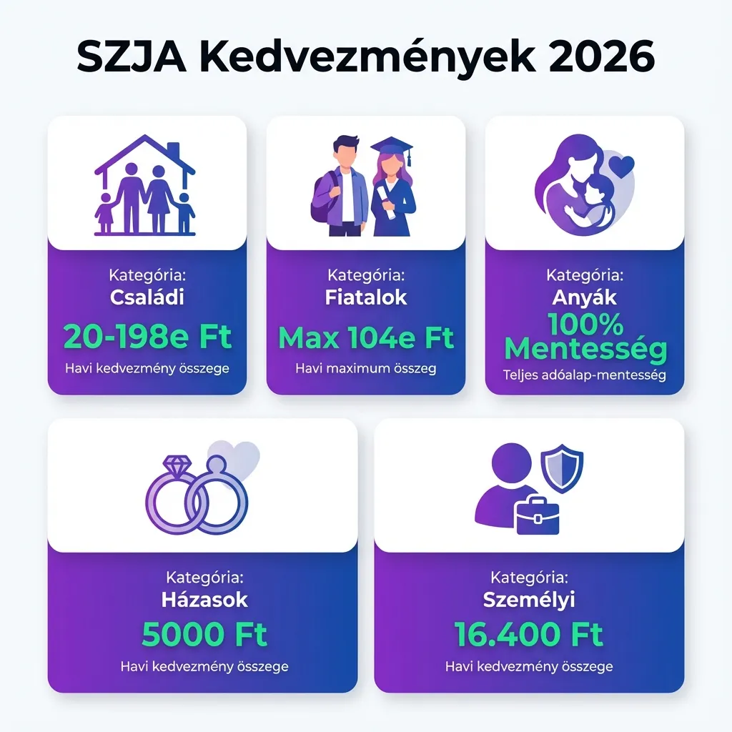 SZJA Kedvezmények 2026 Áttekintés SZJA Kedvezmények 2026 Infografika