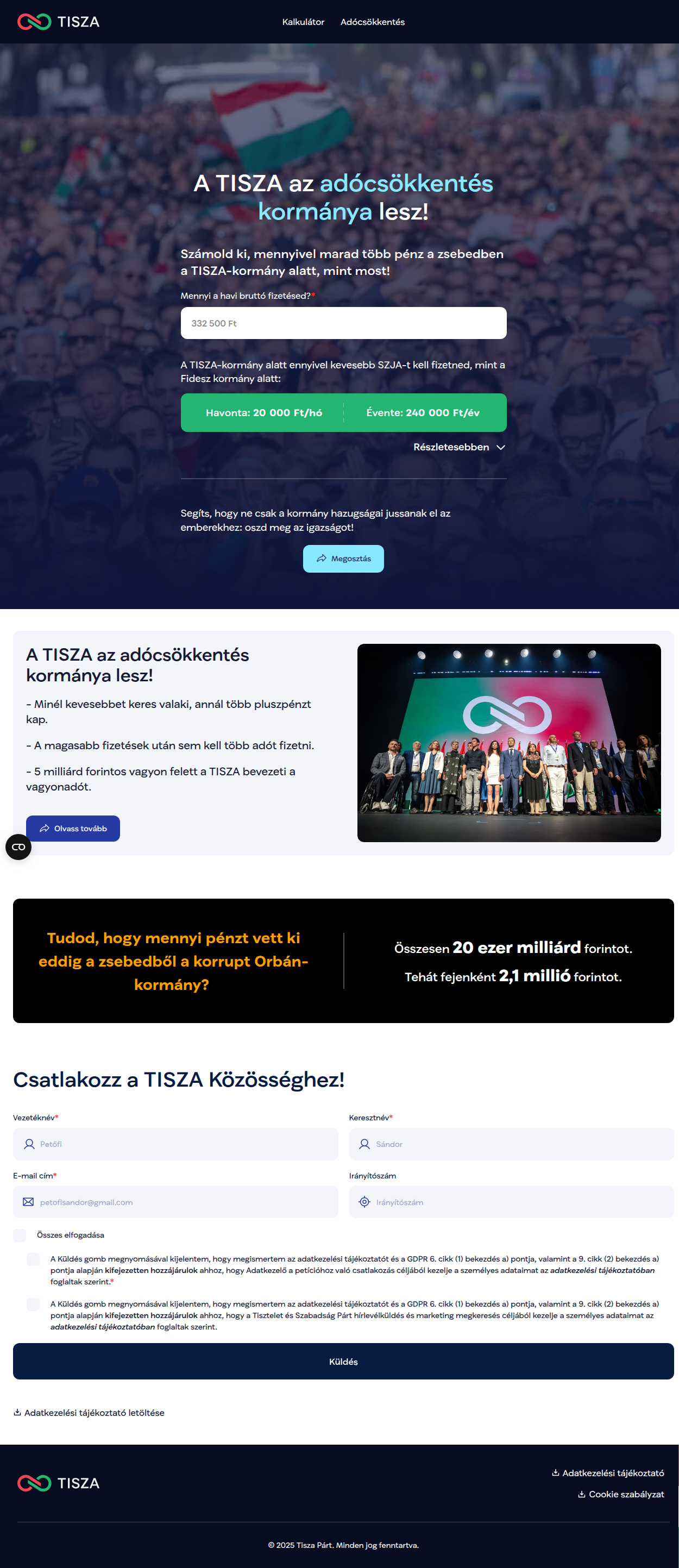 TISZA hivatalos adócsökkentési kalkulátor képernyőképe (2025.09.19)